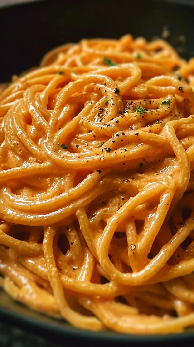 Cremige Tomatenpasta auf einem Teller serviert, dekoriert mit frischem Basilikum.