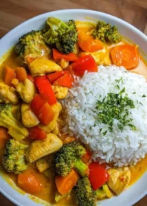 Schnelles Hähnchencurry mit frischem Gemüse in einer Schüssel