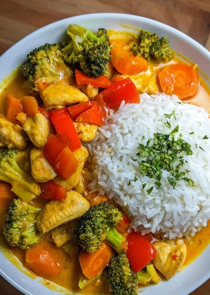 Schnelles Hähnchencurry mit frischem Gemüse in einer Schüssel