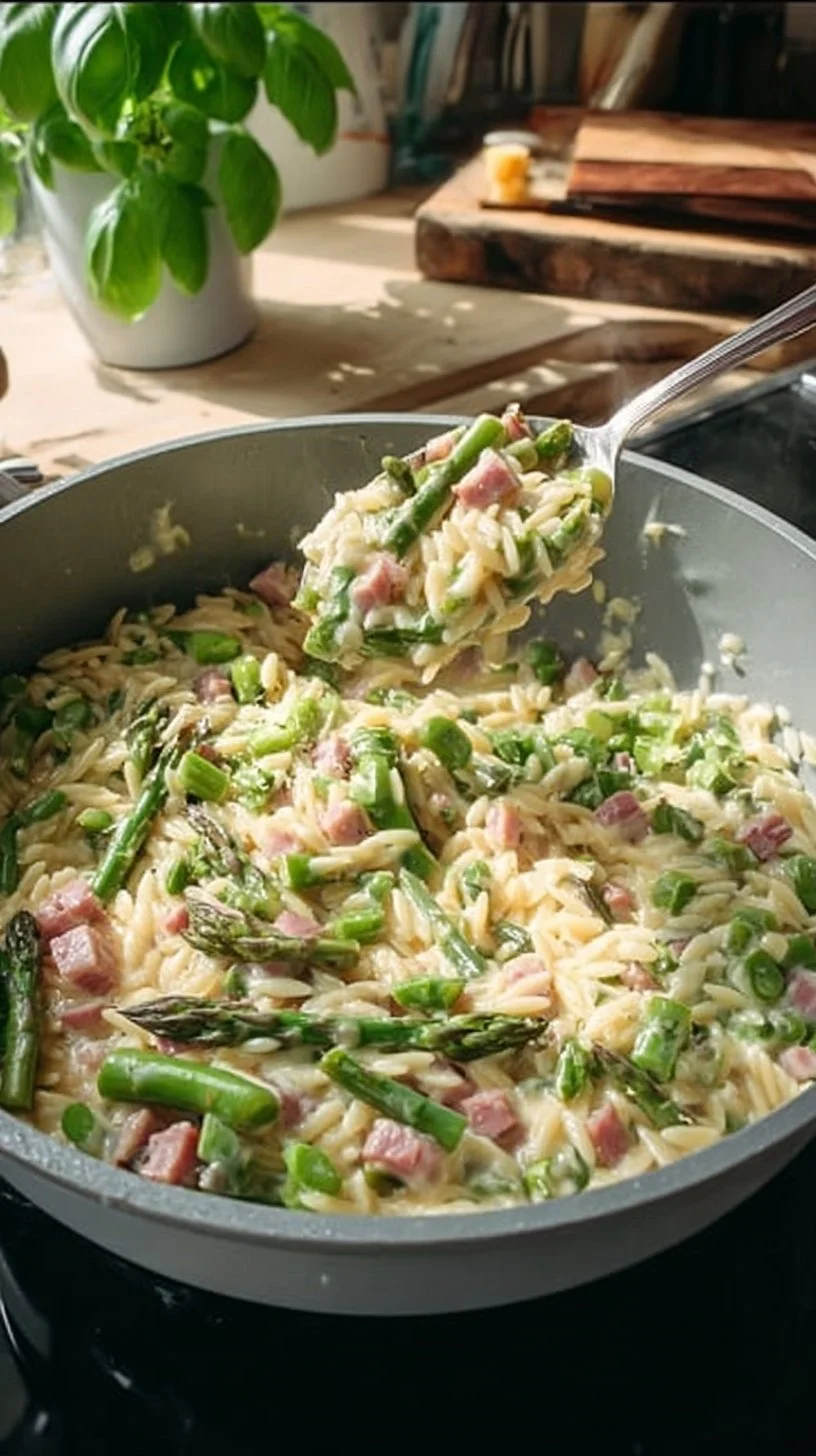 Spargel-Orzo-Pasta mit Schinken auf einem weißen Teller