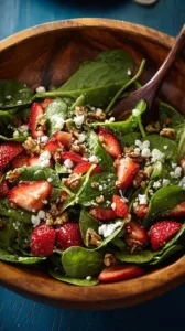 Frischer Spinat-Salat mit Erdbeeren, Feta-Käse und Walnüssen auf einem Teller.