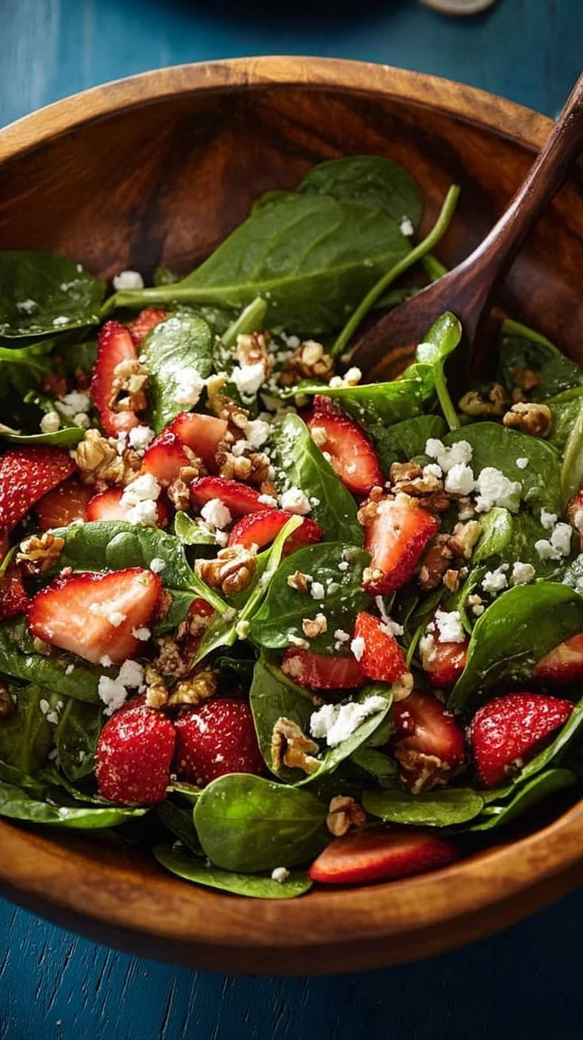 Frischer Spinat-Salat mit Erdbeeren, Feta-Käse und Walnüssen auf einem Teller.