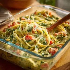 Schüssel mit leckeren Spinatpasta und frischem Gemüse