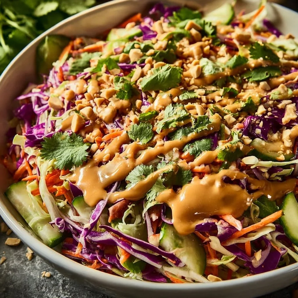 Thai Crunch-Salat mit Erdnuss-Ingwer-Sauce, frisch und knusprig serviert