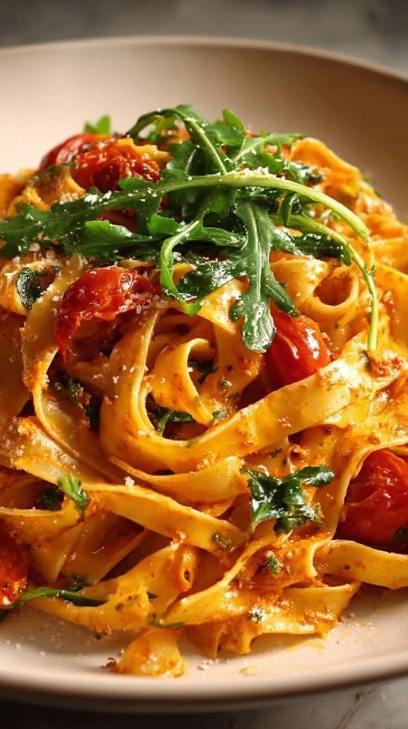 Vegane Fettuccine mit sonnengetrockneten Tomaten auf einem Teller serviert.