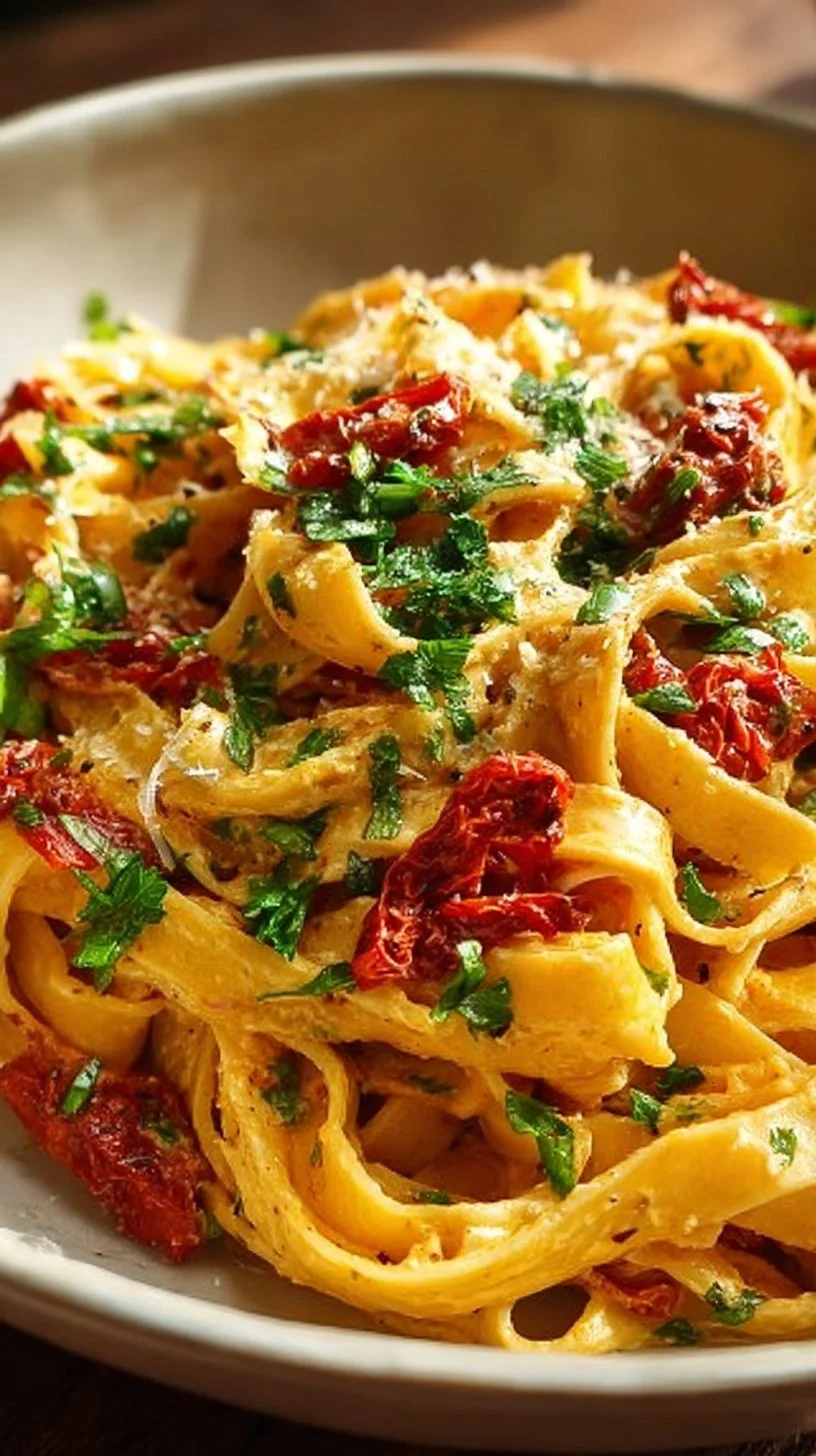 Vegane Fettuccine mit sonnengetrockneten Tomaten