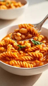 Vegane Pasta mit weißen Bohnen auf einem bunten Teller