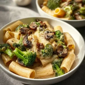 Vegane Pilz-Brokkoli-Pasta auf einem Teller, ein gesundes Rezept für 4 Personen.