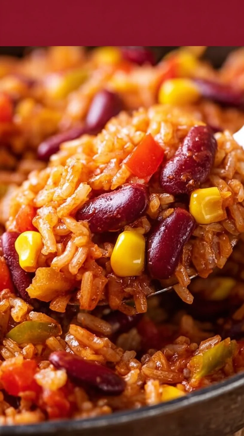 Vegetarische Reispfanne mit Kidneybohnen, Mais und Paprika auf einem Teller