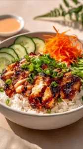 Würzige Hähnchen Bowl mit cremiger Soße auf einem Teller angerichtet