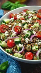 Bunter Linsensalat in einer Schüssel, frisch zubereitet mit Gemüse.