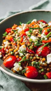 Bunter Rote-Linsen-Salat mit Schafskäse auf einem Teller