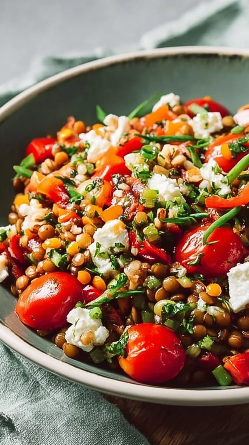 Bunter Rote-Linsen-Salat mit Schafskäse auf einem Teller