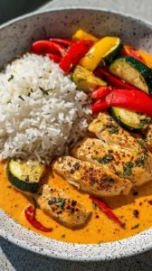 Cremiges Paprika-Zucchini-Hähnchen mit frischem Gemüse und zartem Hähnchenfleisch