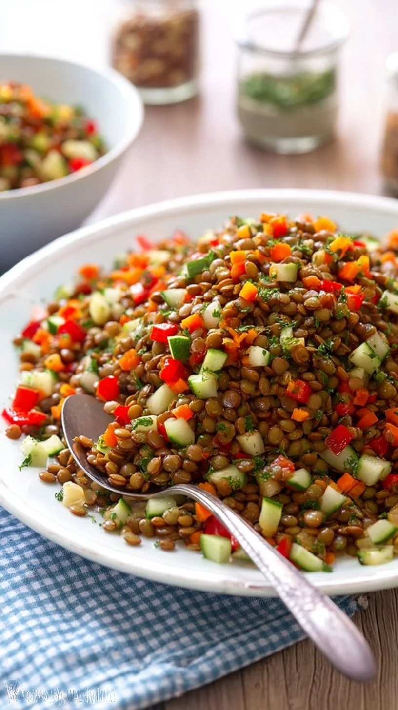 Erfrischender Linsensalat mit frischem Gemüse und Dressing