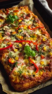 Leckere Familien-Blechpizza frisch aus dem Ofen