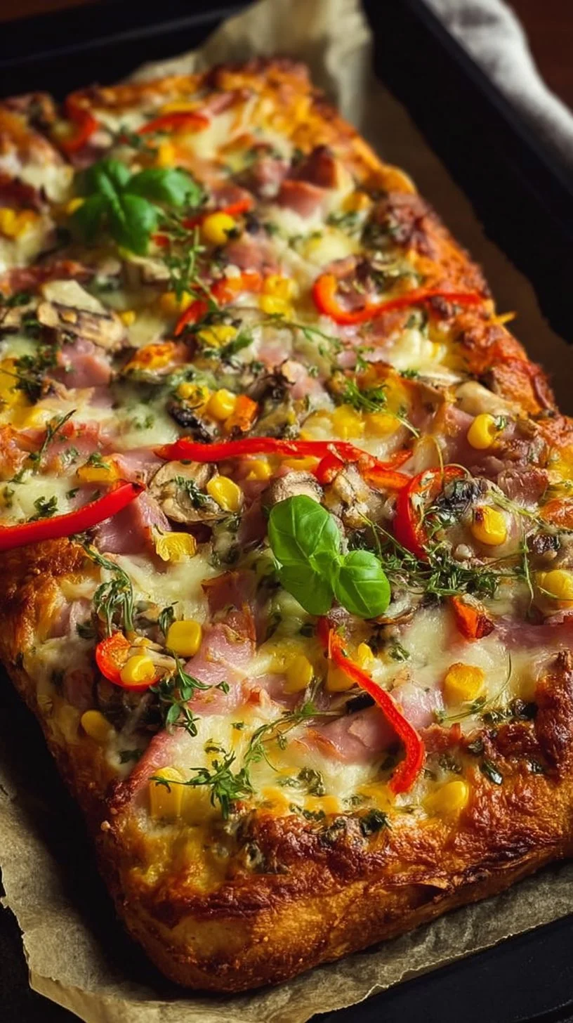 Leckere Familien-Blechpizza frisch aus dem Ofen
