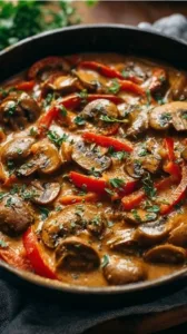 Feuriges Paprika-Geschnetzeltes mit Champignons auf einem Teller serviert.