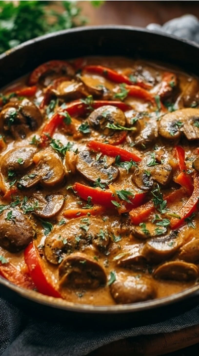 Feuriges Paprika-Geschnetzeltes mit Champignons auf einem Teller serviert.