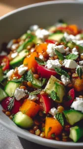 Frischer Linsensalat mit Feta, serviert in einer bunten Schale