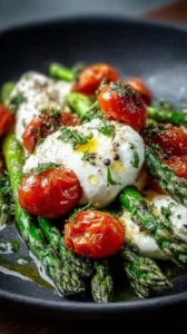 Gerösteter grüner Spargel mit Burrata auf einem Teller serviert