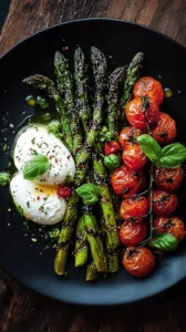 Gerösteter grüner Spargel mit Burrata auf einem Teller