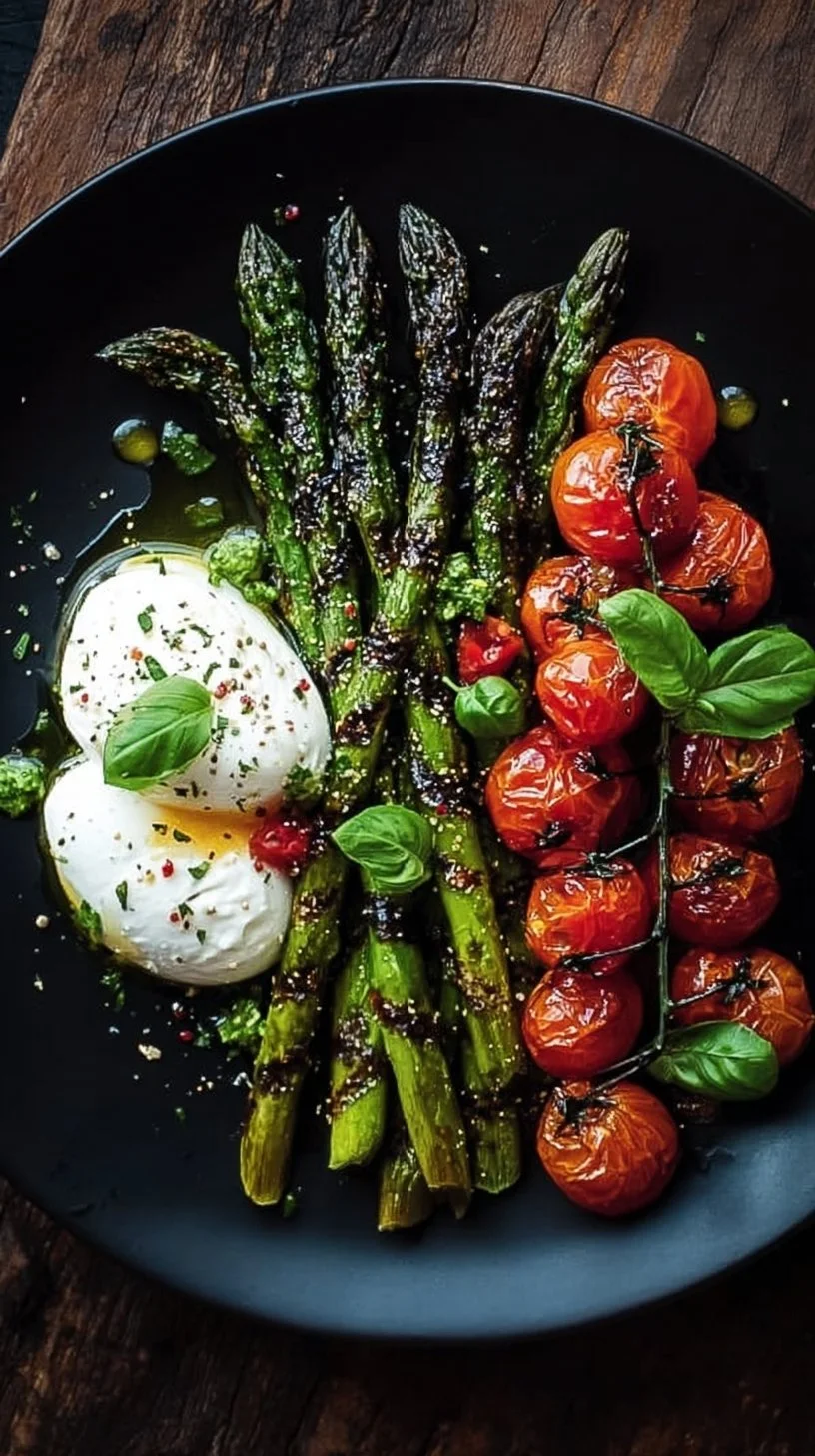 Gerösteter grüner Spargel mit Burrata auf einem Teller