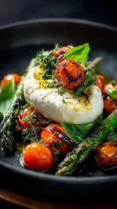 Gerösteter grüner Spargel mit Burrata und Tomaten auf einem Teller