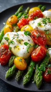 Gerösteter grüner Spargel mit Burrata und Tomaten auf einem Teller