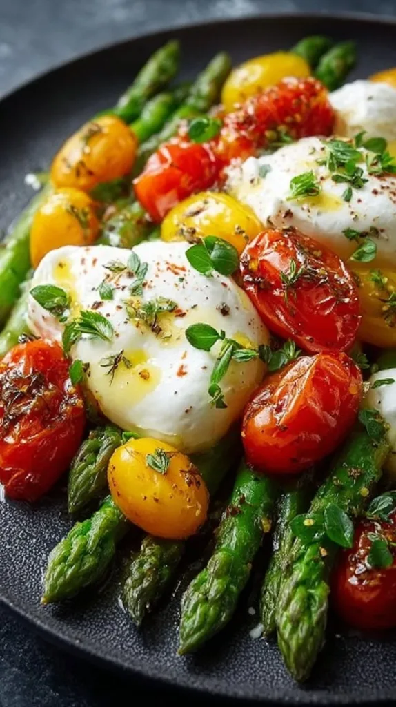 Gerösteter grüner Spargel mit Burrata und Tomaten auf einem Teller
