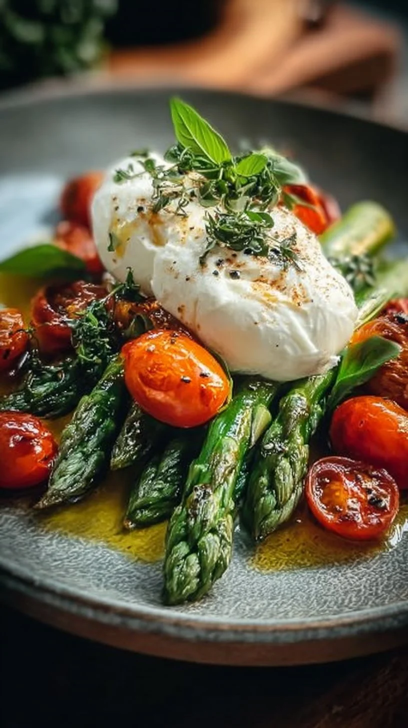 Gerösteter grüner Spargel mit Burrata und Tomaten