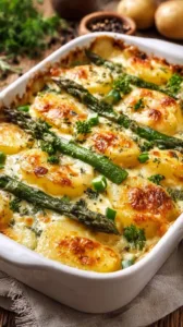 Grüner Spargel-Kartoffel-Auflauf auf einem Teller, garniert mit Kräutern.