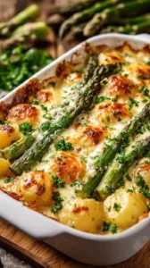 Grüner Spargel-Kartoffel-Auflauf auf einem Teller serviert