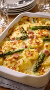 Leckeres Kartoffel-Spargel-Gratin auf einem Teller serviert