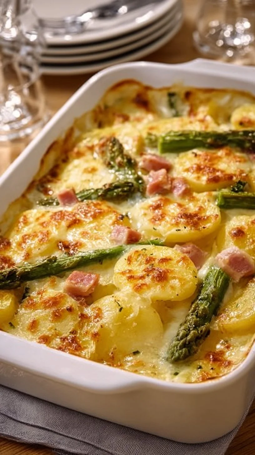 Leckeres Kartoffel-Spargel-Gratin auf einem Teller serviert