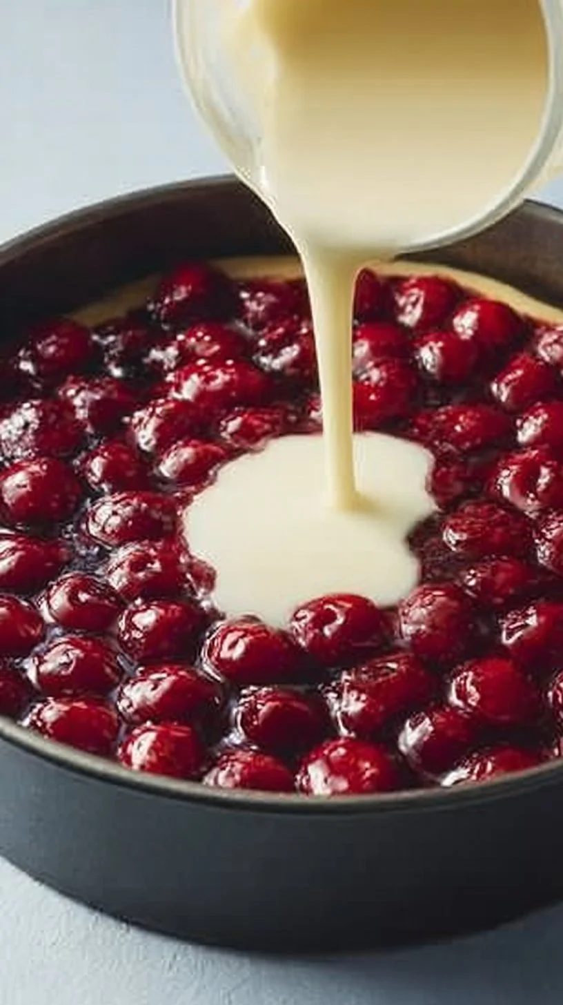 Käsekuchen mit Kirschen auf einem Teller serviert
