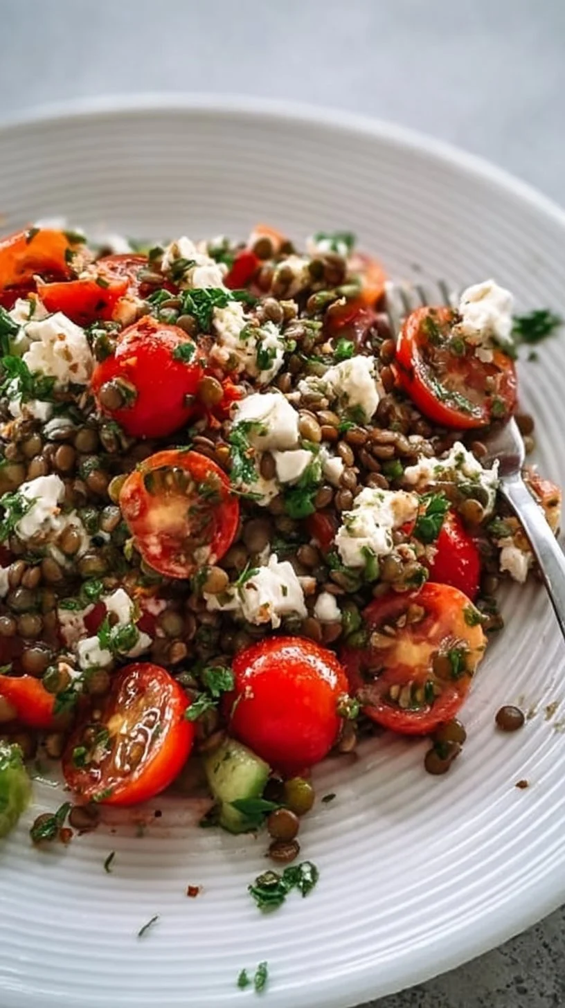 Linsensalat mit Feta in einer Schüssel, schnell und gesund zubereitet.