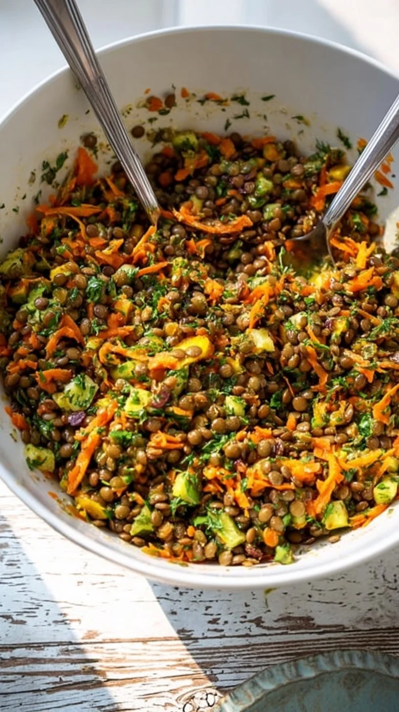Linsensalat mit Gemüse und Kurkuma-Dressing auf einem Teller