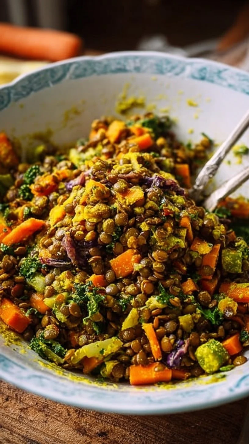 Linsensalat mit Gemüse und Kurkuma-Dressing