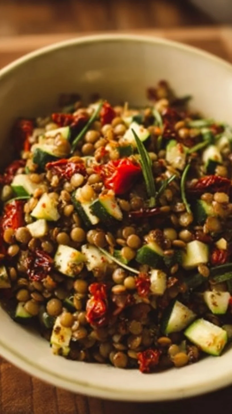 Linsensalat mit getrockneten Tomaten und Zucchini
