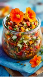 Linsensalat mit Himbeerdressing in einer Schüssel angerichtet