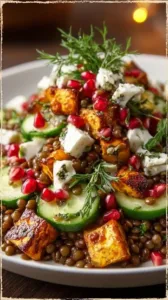 Orientalischer Linsensalat mit Feta, Avocado und Paprika auf einem Teller