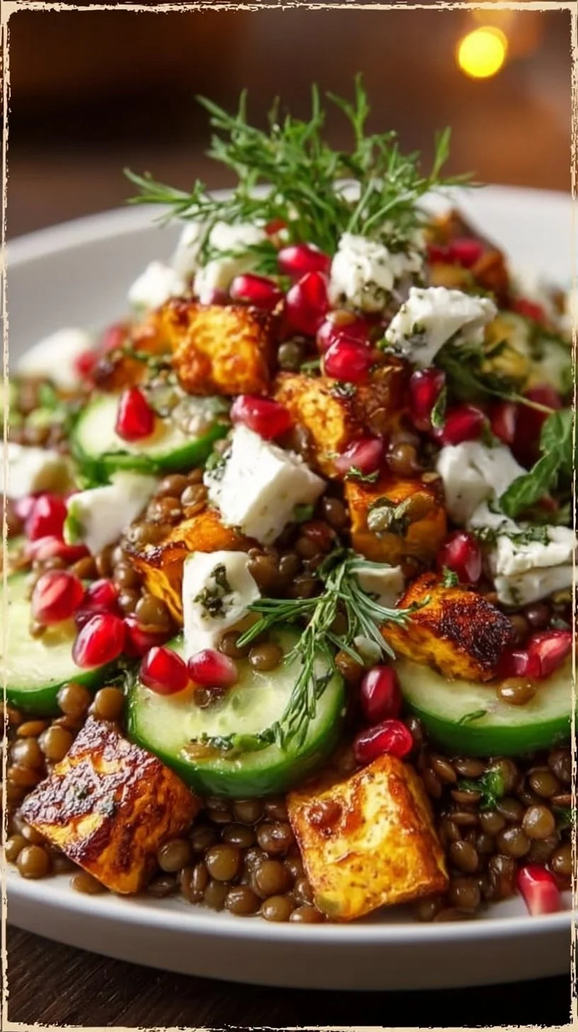 Orientalischer Linsensalat mit Feta, Avocado und Paprika auf einem Teller