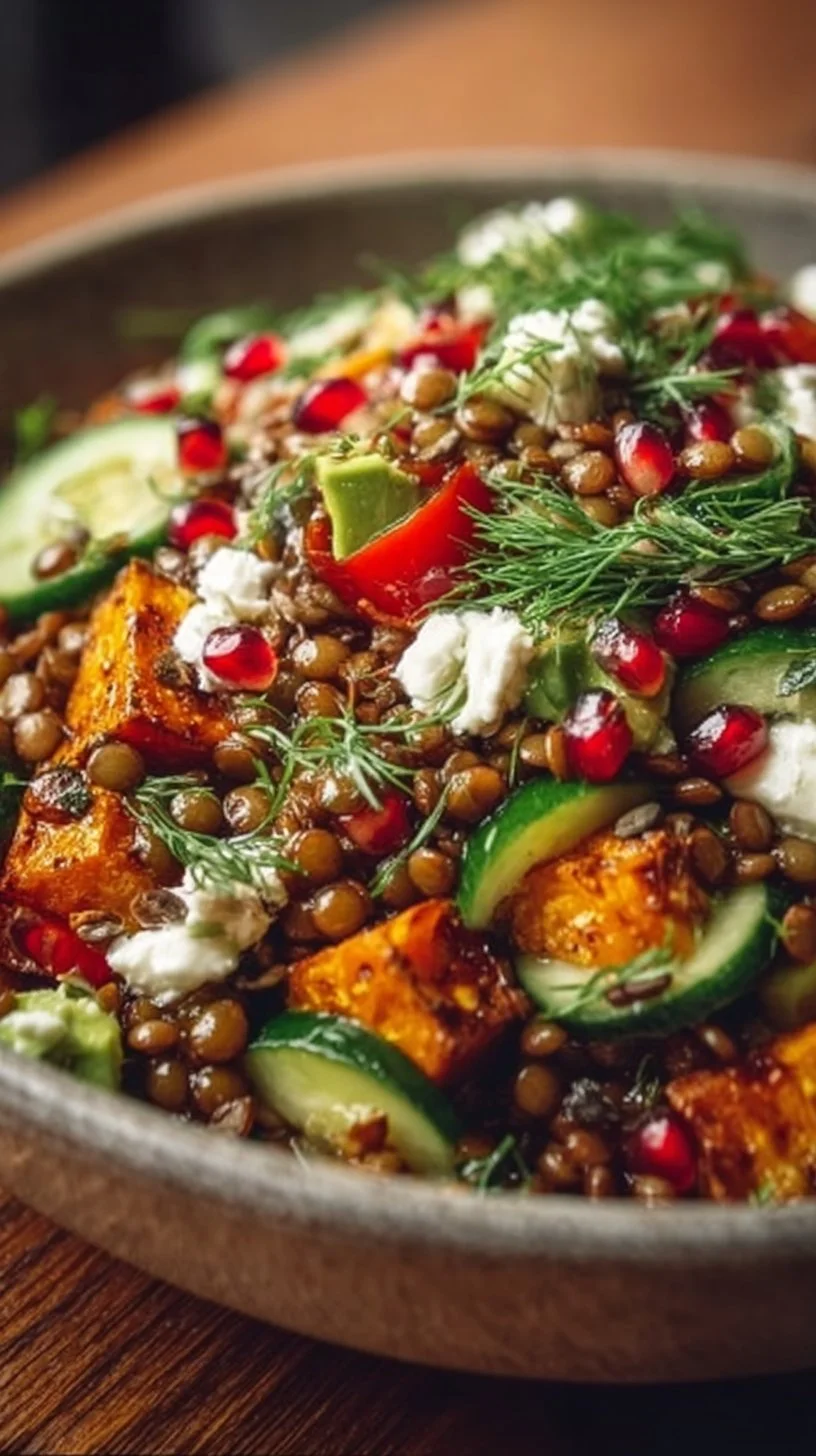 Orientalischer Linsensalat mit Feta, Avocado und Paprika