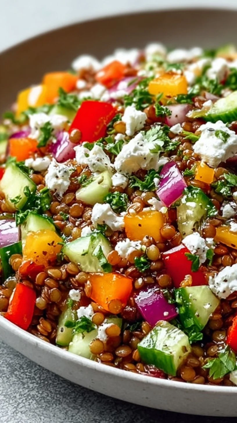 Orientalischer Roter Linsensalat mit Feta in einer bunten Schüssel