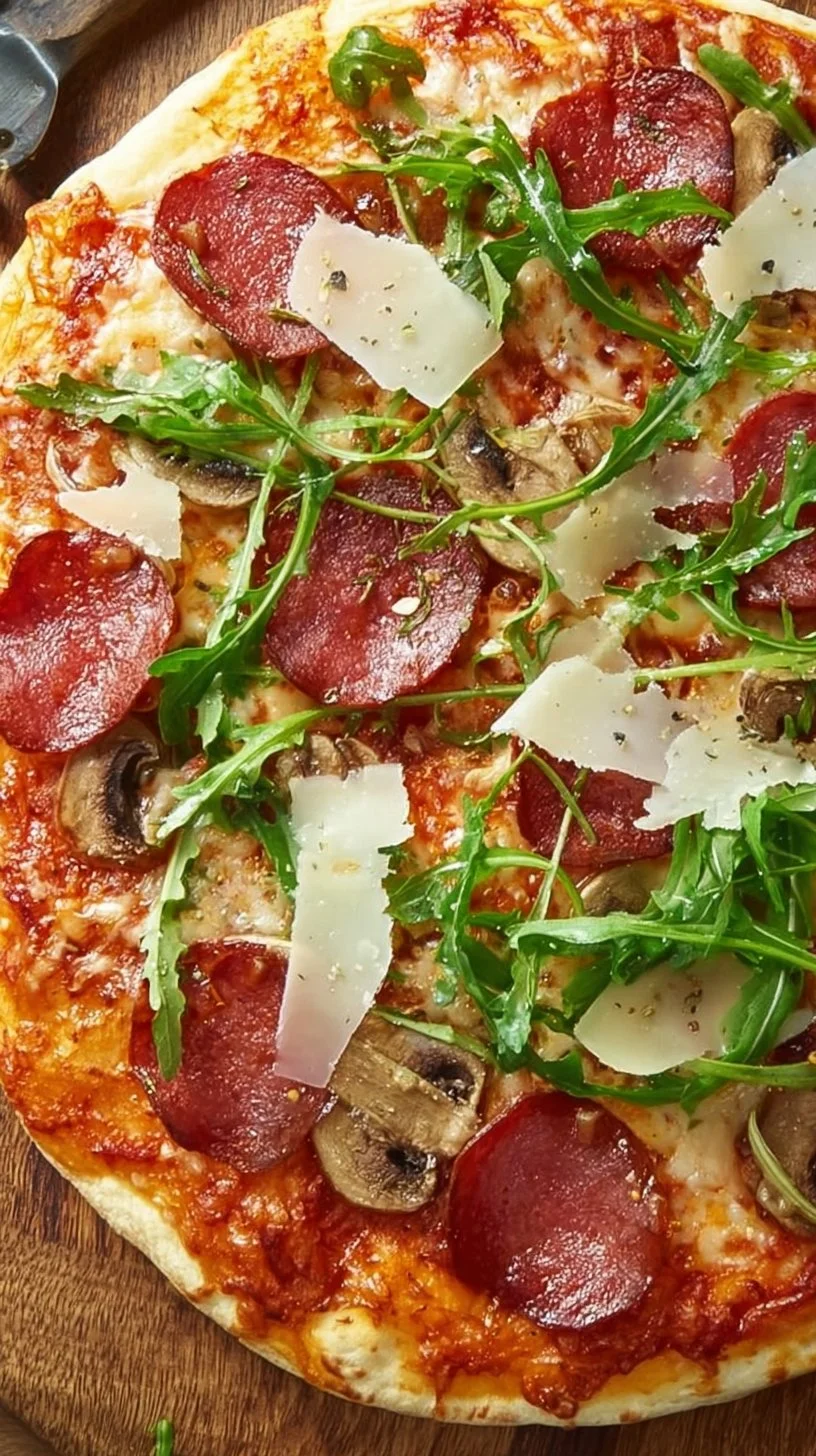 Leckere Pizza mit frischen Zutaten und buntem Belag auf einem Holzbrett serviert.