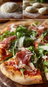 Leckere Pizza mit selbstgemachtem Teig auf einem Holzbrett