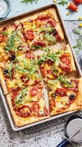 Leckere Pizza vom Blech mit frischen Zutaten und würzigem Belag