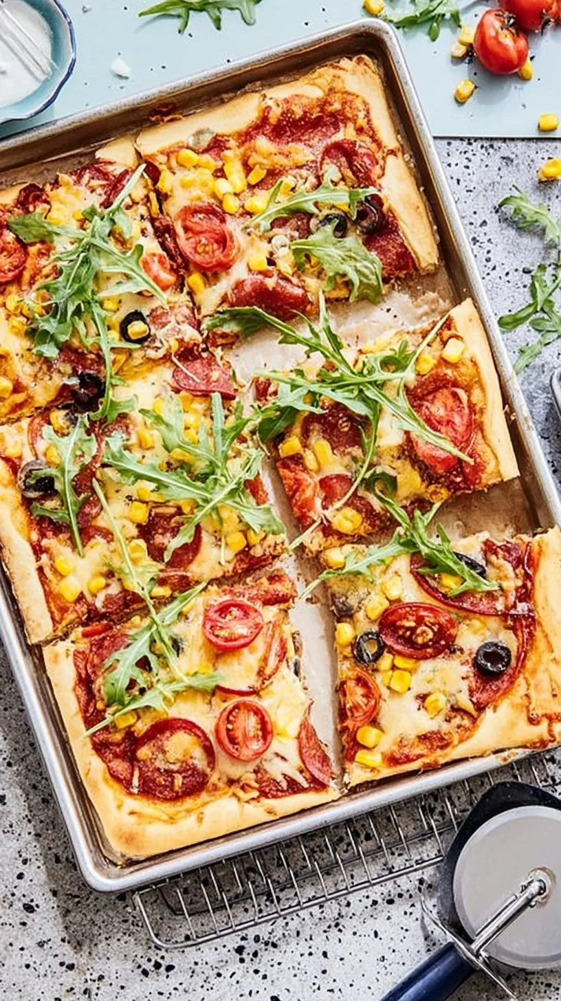 Leckere Pizza vom Blech mit frischen Zutaten und würzigem Belag