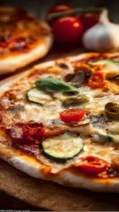 Pizzateig ohne Hefe auf einer Holzplatte, bereit für die Zubereitung.
